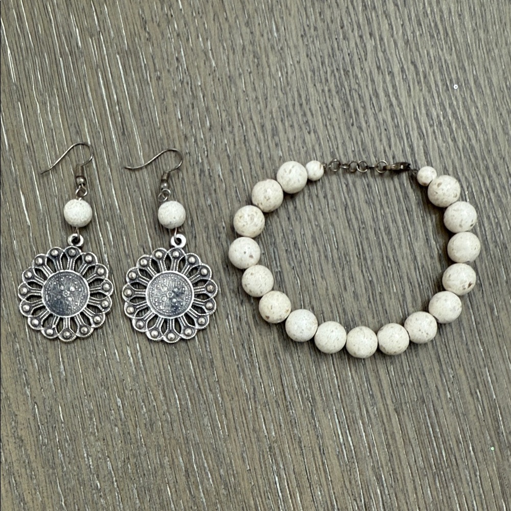 Elegant Silver and Cream Jewelry Set of Earrings and Bracelet
